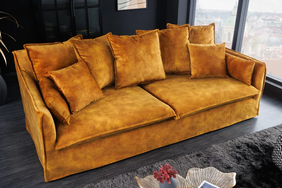 Großes 3-Sitzer Sofa HEAVEN 200cm senfgelb Samt Federkern waschbarer Bezug Hussensofa Couch