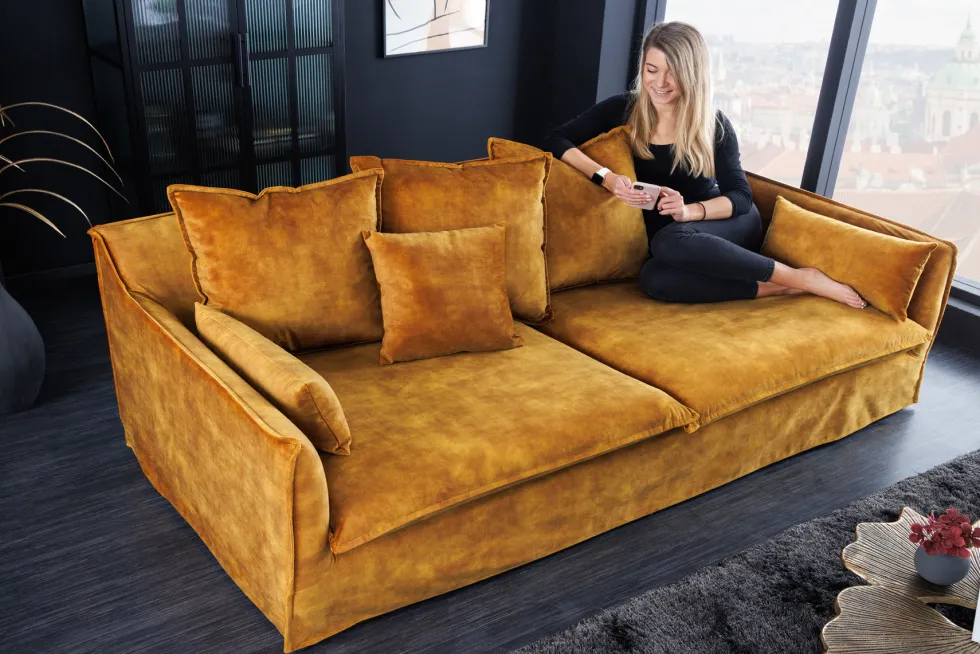 Großes 3-Sitzer Sofa HEAVEN 200cm senfgelb Samt Federkern waschbarer Bezug Hussensofa Couch