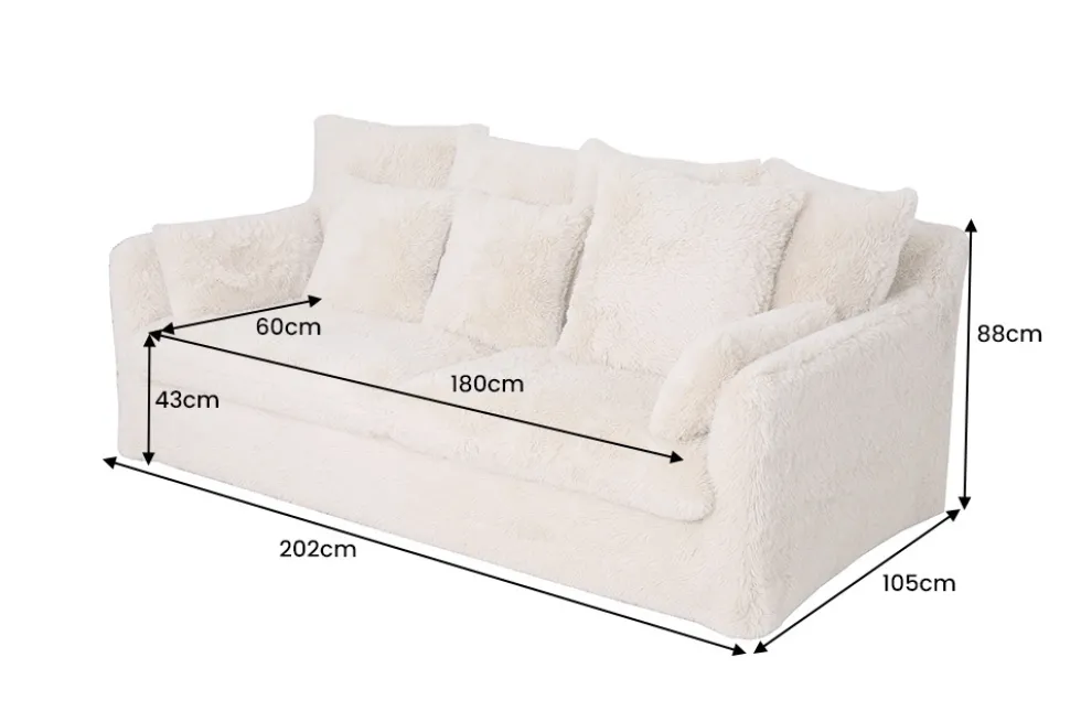 Großes 3-Sitzer Sofa YETI 200cm beige sand langfloriger Plüsch Shaggy-Stoff