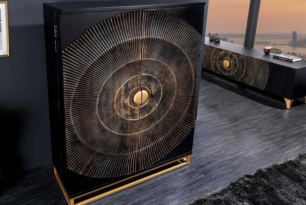 Handgearbeiteter Barschrank GOLDEN SUNSET 140cm schwarz gold Mangoholz massiv