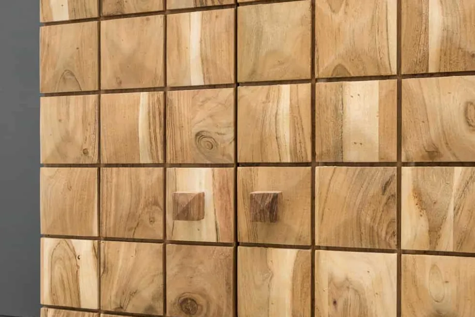Handgearbeiteter Barschrank MOSAICO 130cm Akazie Massivholz 3D Effekt