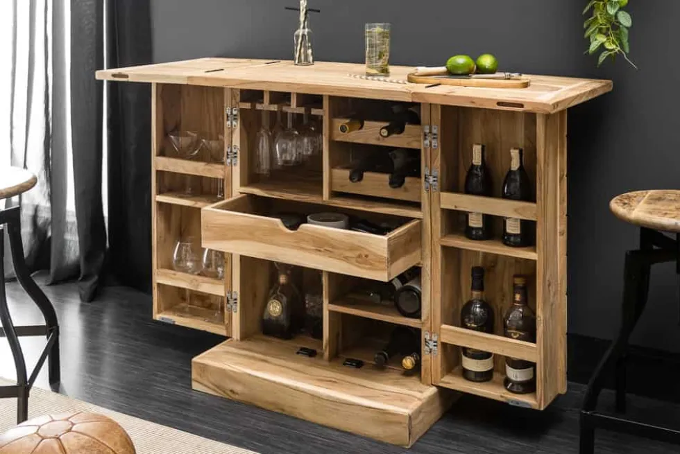 Handgearbeiteter Barschrank MOSAICO 130cm Akazie Massivholz 3D Effekt