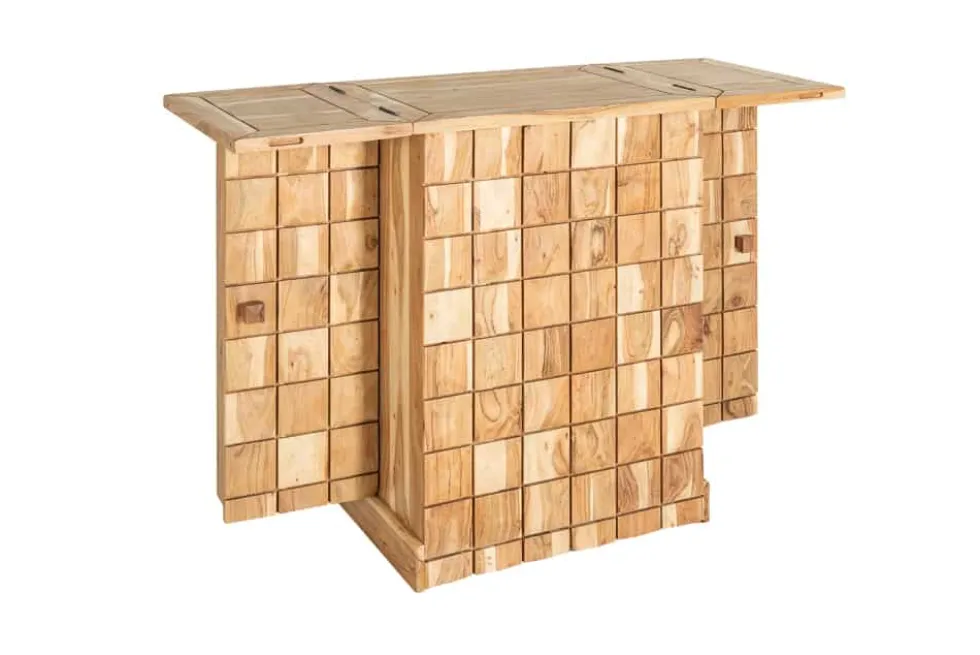 Handgearbeiteter Barschrank MOSAICO 130cm Akazie Massivholz 3D Effekt