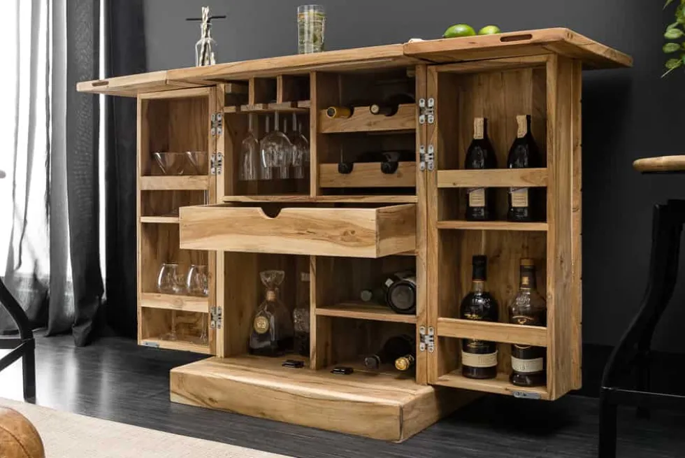 Handgearbeiteter Barschrank MOSAICO 130cm Akazie Massivholz 3D Effekt
