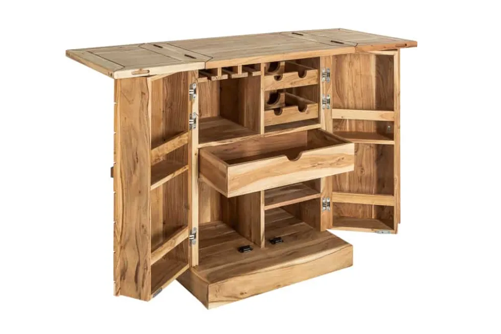 Handgearbeiteter Barschrank MOSAICO 130cm Akazie Massivholz 3D Effekt