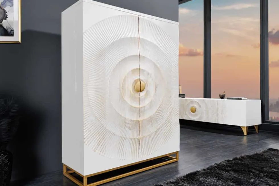 Handgearbeiteter Barschrank GOLDEN SUNSET 140cm weiß gold Mangoholz massiv