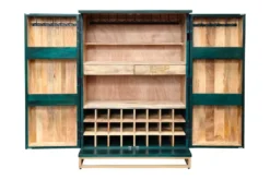 Handgearbeiteter Barschrank GOLDEN SUNSET 140cm türkis Mangoholz massiv