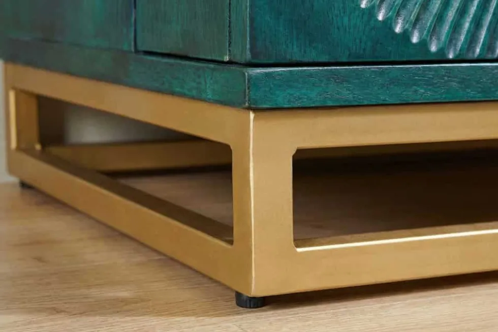 Handgearbeiteter Barschrank GOLDEN SUNSET 140cm türkis Mangoholz massiv