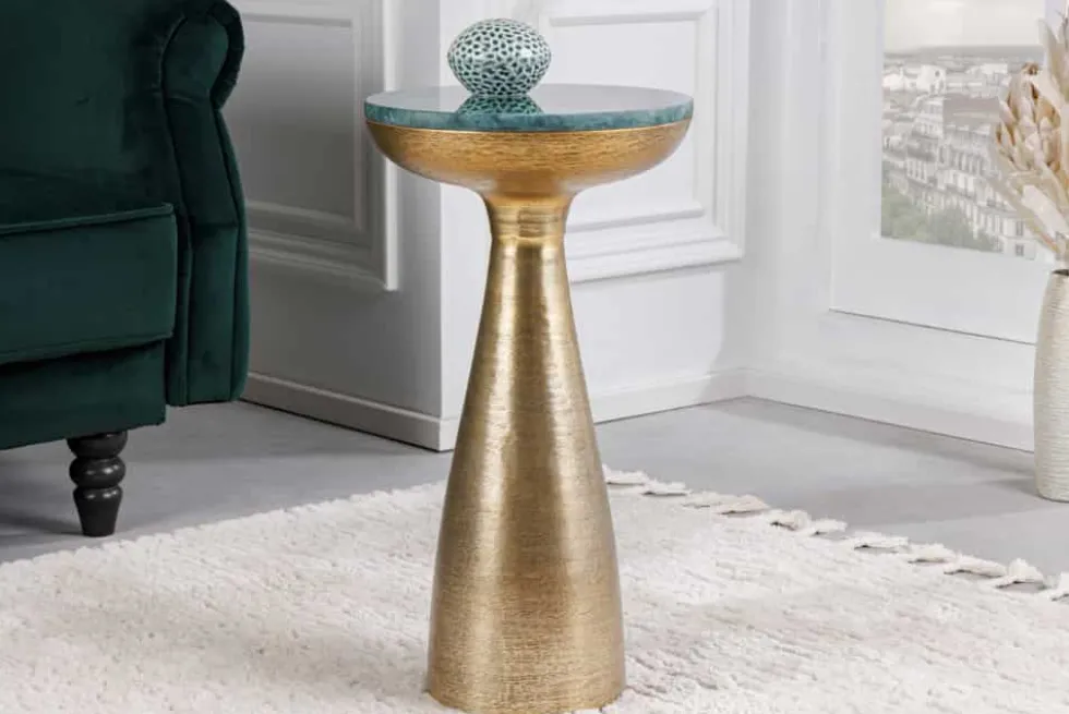 Handgearbeiteter Beistelltisch ELEMENTS 55cm gold grün Marmor rund