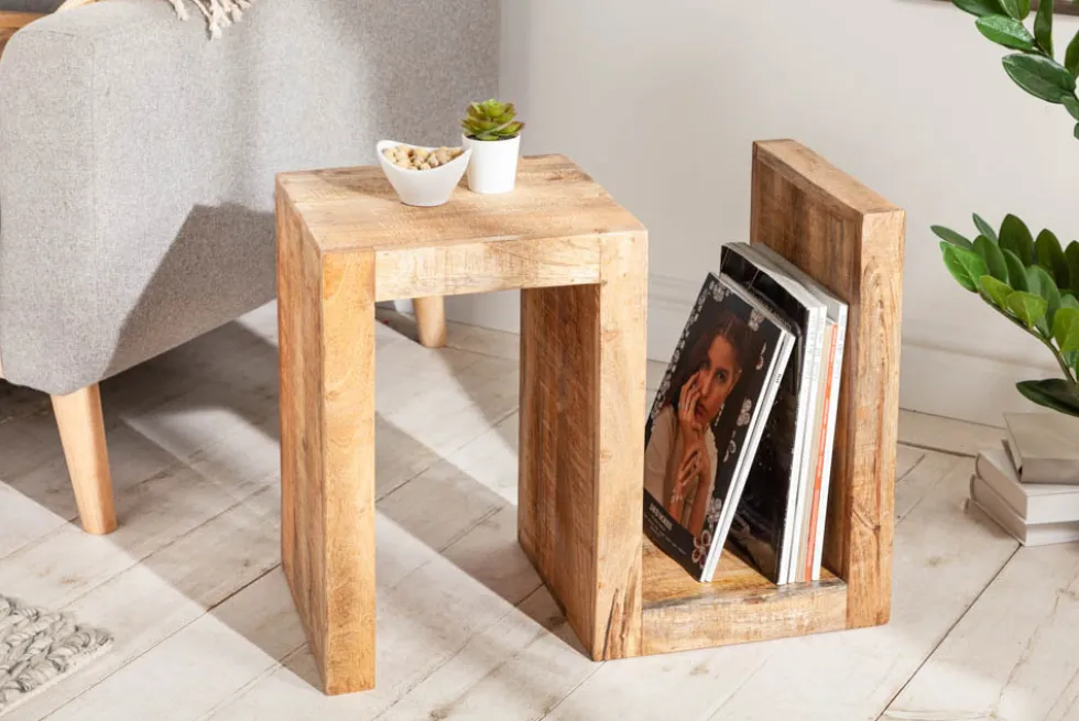 Handgearbeiteter Beistelltisch S 60cm Mango Massivholz mit Ablage variabel stellbar