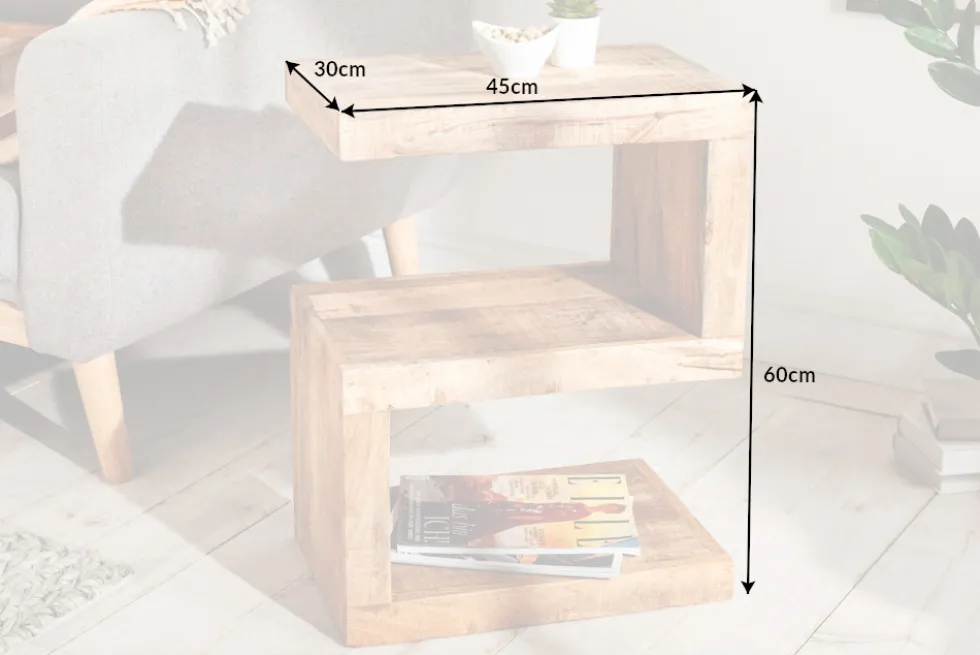 Handgearbeiteter Beistelltisch S 60cm Mango Massivholz mit Ablage variabel stellbar