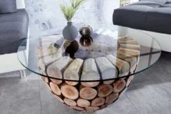 Handgearbeiteter Couchtisch PURE NATURE 70cm Teak Massivholz rund mit Glasplatte