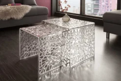 Handgearbeiteter Couchtisch ABSTRACT 49cm 2er Set silber im Gap Design