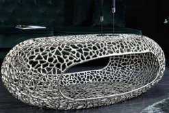 Handgearbeiteter Couchtisch ORGANIC 120cm silber Metall Blatt-Design mit Stauraum