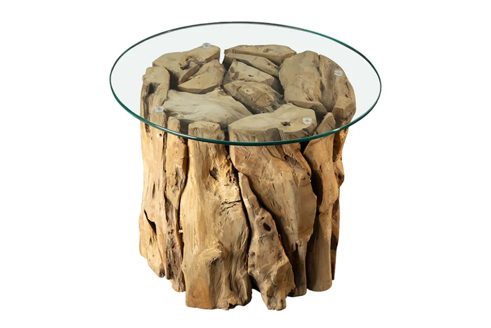 Handgearbeiteter Couchtisch RIVERSIDE 60cm Teakholz runde Glasplatte Massivholz