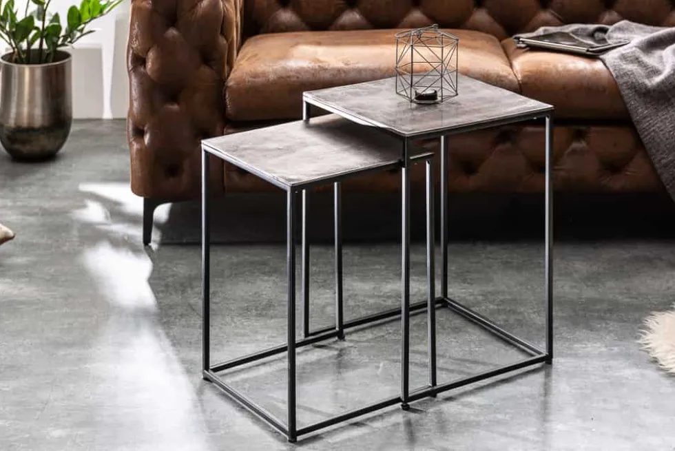 Handgearbeitetes Beistelltisch 2er Set ELEMENTS 40cm silber schwarz Couchtisch