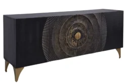 Handgearbeitetes Sideboard GOLDEN SUNSET 180cm schwarz mit 3D Schnitzereien gold Mangoholz Metallbeine