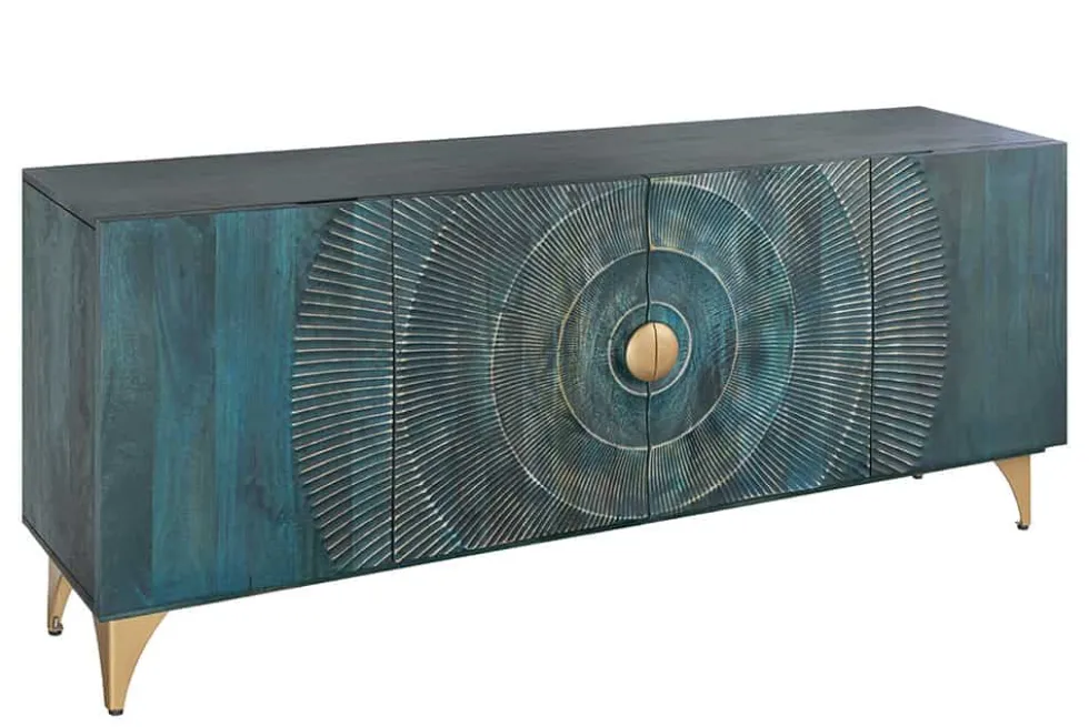 Handgearbeitetes Sideboard GOLDEN SUNSET 180cm türkis gold Mangoholz Metallbeine