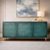 Handgearbeitetes Sideboard GOLDEN SUNSET 140cm türkis mit 3D Schnitzereien gold Mangoholz Metallbeine