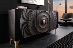 Handgearbeitetes Sideboard GOLDEN SUNSET 140cm schwarz mit 3D Schnitzereien gold Mangoholz Metallbeine