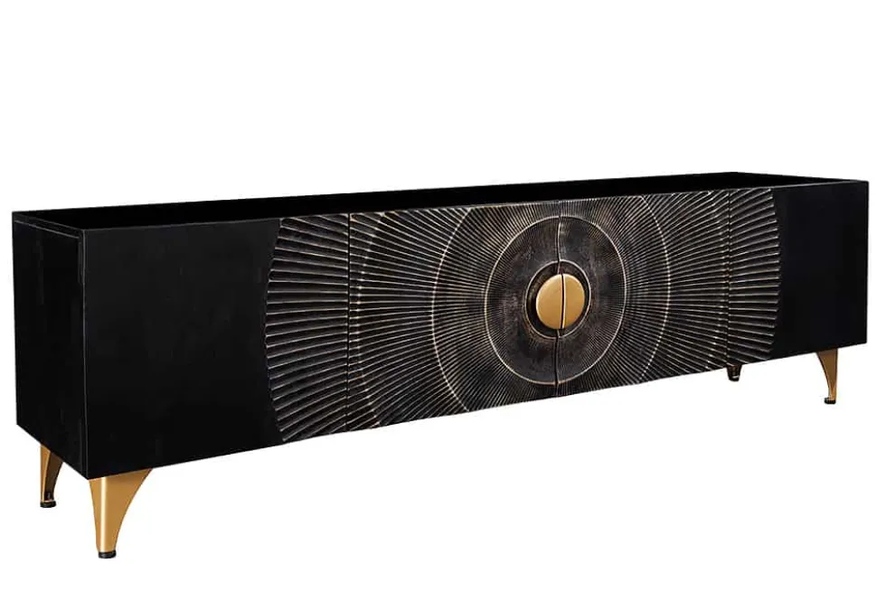 Handgearbeitetes TV-Lowboard GOLDEN SUNSET 180cm schwarz mit 3D Schnitzereien gold Mangoholz massiv Metallfüße