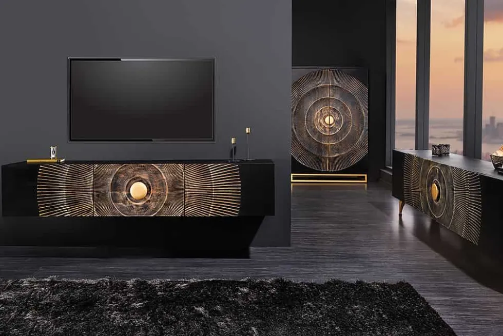 Handgearbeitetes TV-Lowboard GOLDEN SUNSET 180cm schwarz mit 3D Schnitzereien gold Mangoholz massiv Metallfüße
