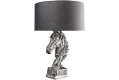 Handgearbeitete Tischlampe CABALLO 60cm silber schwarz Metall Baumwolle Pferde-Skulptur
