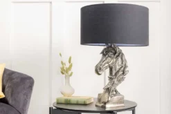 Handgearbeitete Tischlampe CABALLO 60cm silber schwarz Metall Baumwolle Pferde-Skulptur