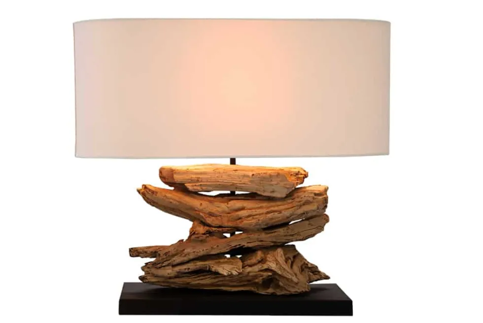 Handgearbeitete Treibholz Lampe RIVERINE 55cm creme Leinenschirm Tischleuchte