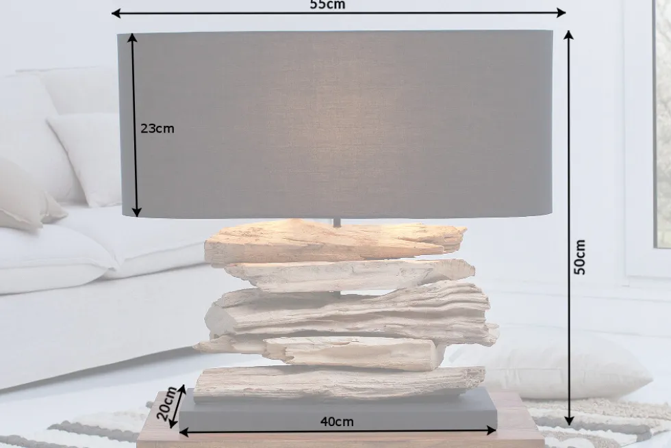 Handgearbeitete Treibholz Lampe RIVERINE 55cm schwarz Leinenschirm Tischleuchte