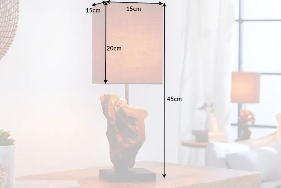Handgearbeitete Treibholz Tischlampe HYPNOTIC 45cm braun mit Leinenschirm