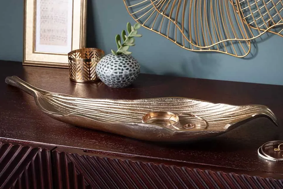 Handgefertigte Deko Schale ABSTRACT LEAF 65cm gold Aluminium