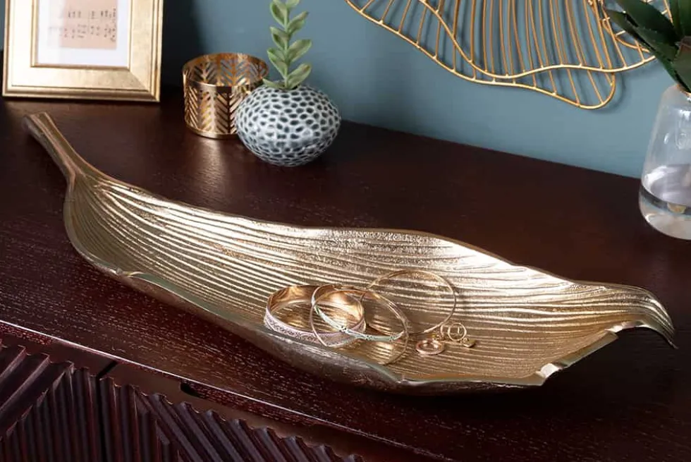 Handgefertigte Deko Schale ABSTRACT LEAF 65cm gold Aluminium