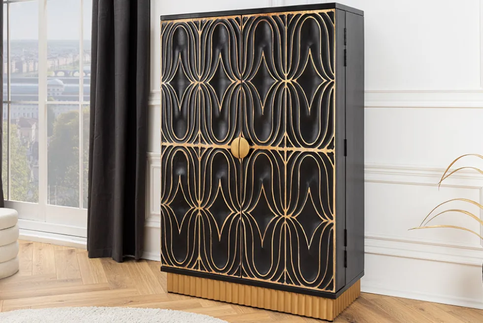 Handgefertigter Barschrank PIAZZA SAN MARCO 140cm grau gold Mangoholz massiv 3D-Design