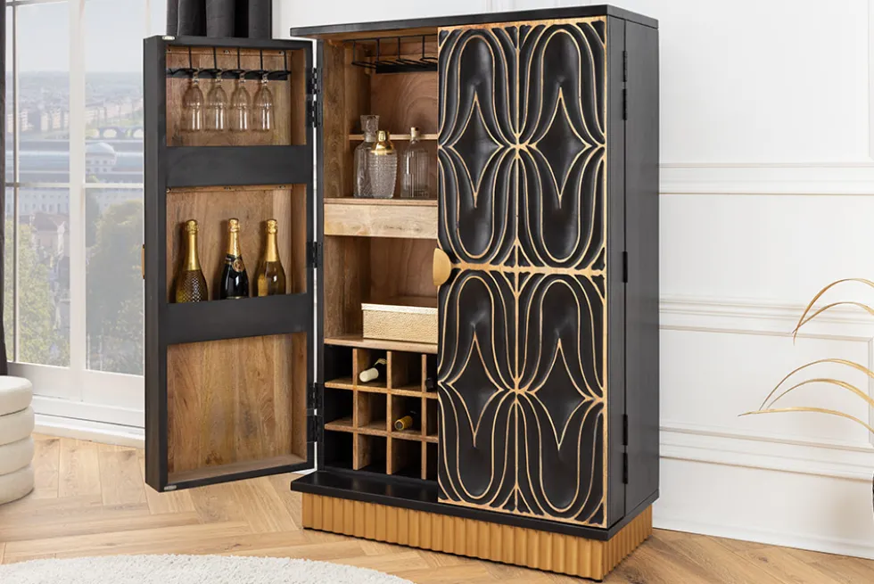 Handgefertigter Barschrank PIAZZA SAN MARCO 140cm grau gold Mangoholz massiv 3D-Design