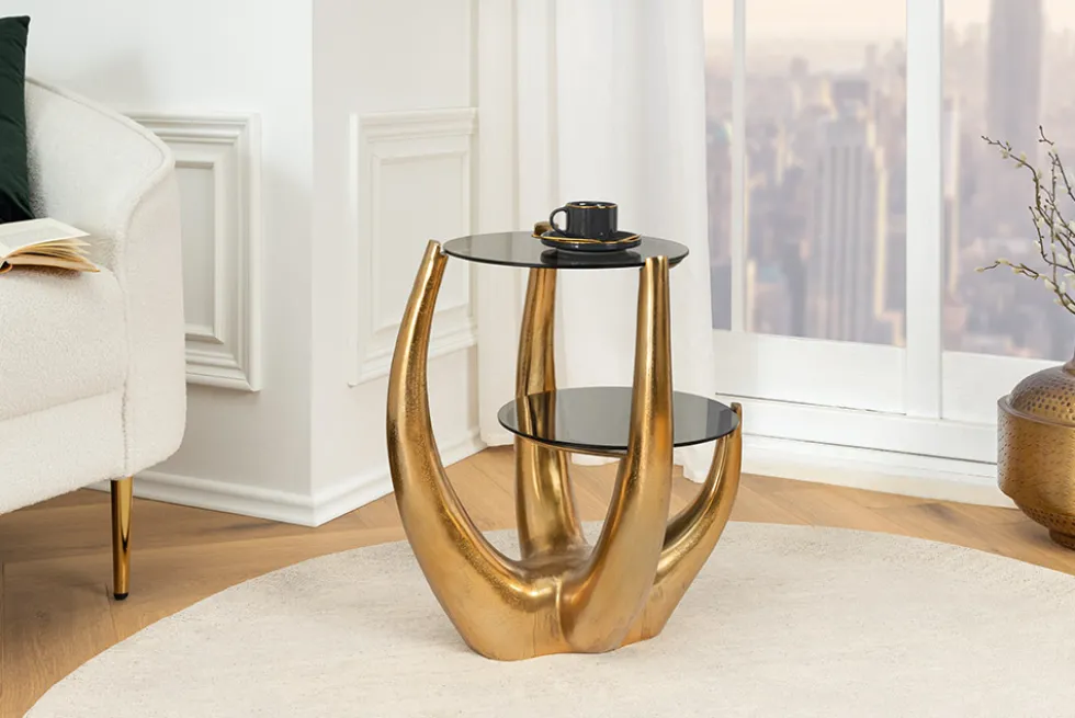 Handgefertigter Beistelltisch LEVELS 50cm gold antik Schwarzglas schwarz Metall