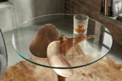 Handgefertigter Beistelltisch OCEAN 75cm kupfer schwarz Glasplatte rund Metall maritim