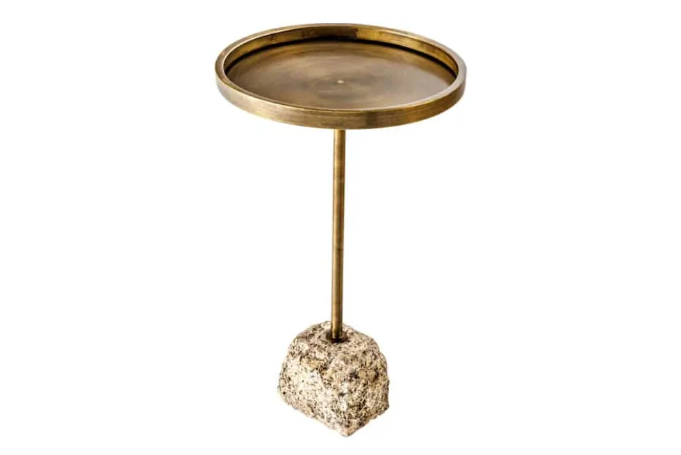 Handgefertigter Beistelltisch TRAYFUL 60cm messing antik Eisen natur Marmorfuß