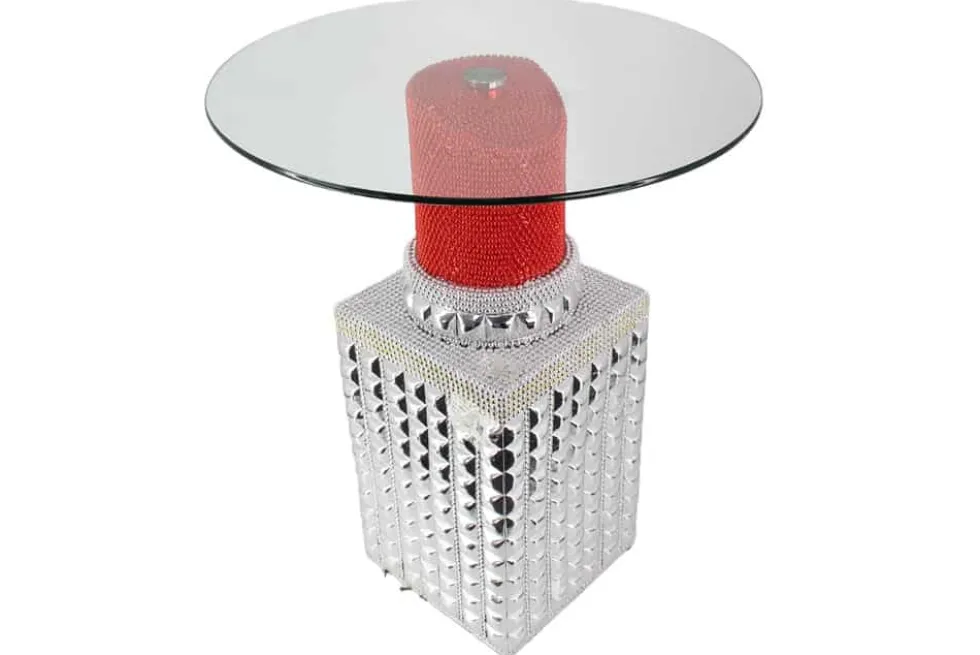 Handgefertigter Bistrotisch LIPSTICK 75cm rot silber runde Tischplatte Glas