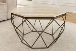 Handgefertigter Couchtisch DIAMOND 70cm beige Travertin messing Eisen