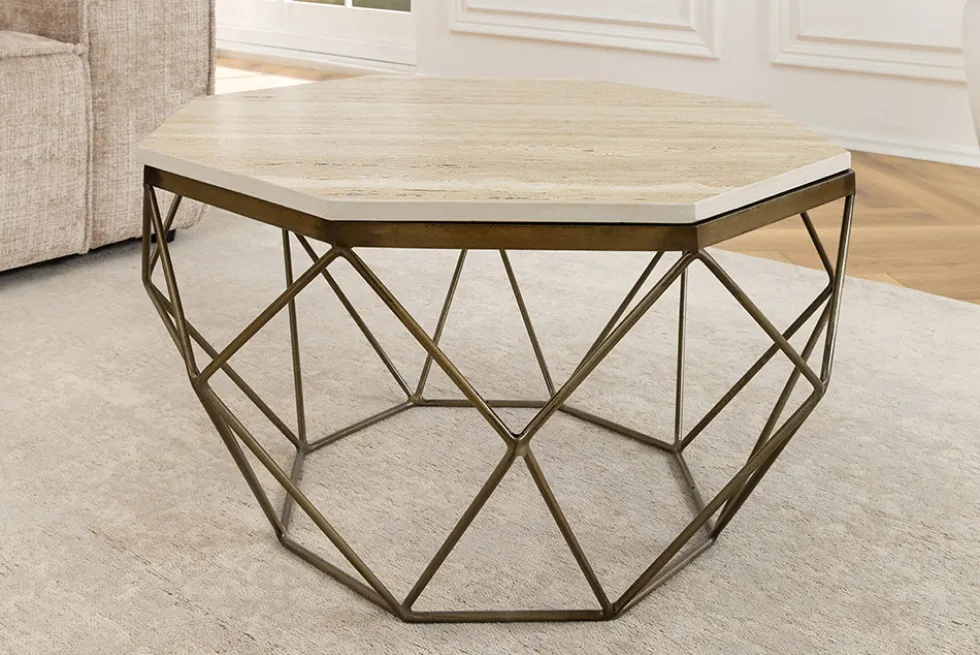 Handgefertigter Couchtisch DIAMOND 70cm beige Travertin messing Eisen