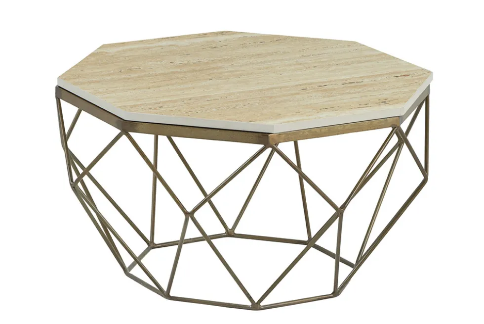Handgefertigter Couchtisch DIAMOND 70cm beige Travertin messing Eisen