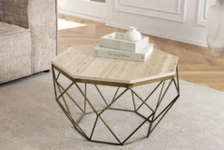Handgefertigter Couchtisch DIAMOND 70cm beige Travertin messing Eisen