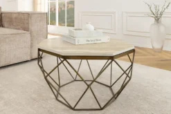 Handgefertigter Couchtisch DIAMOND 70cm beige Travertin messing Eisen