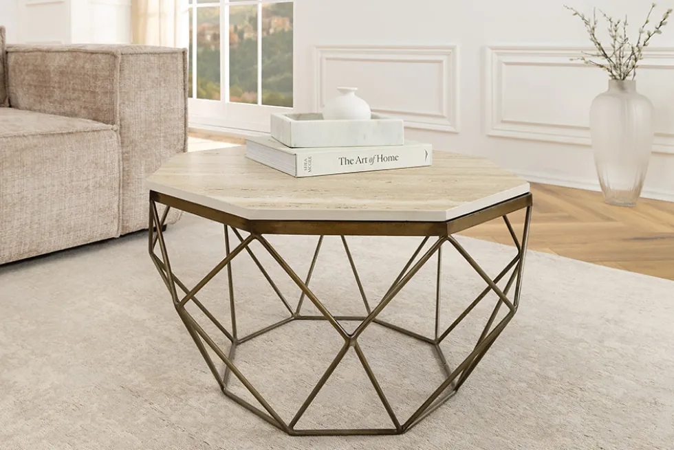 Handgefertigter Couchtisch DIAMOND 70cm beige Travertin messing Eisen