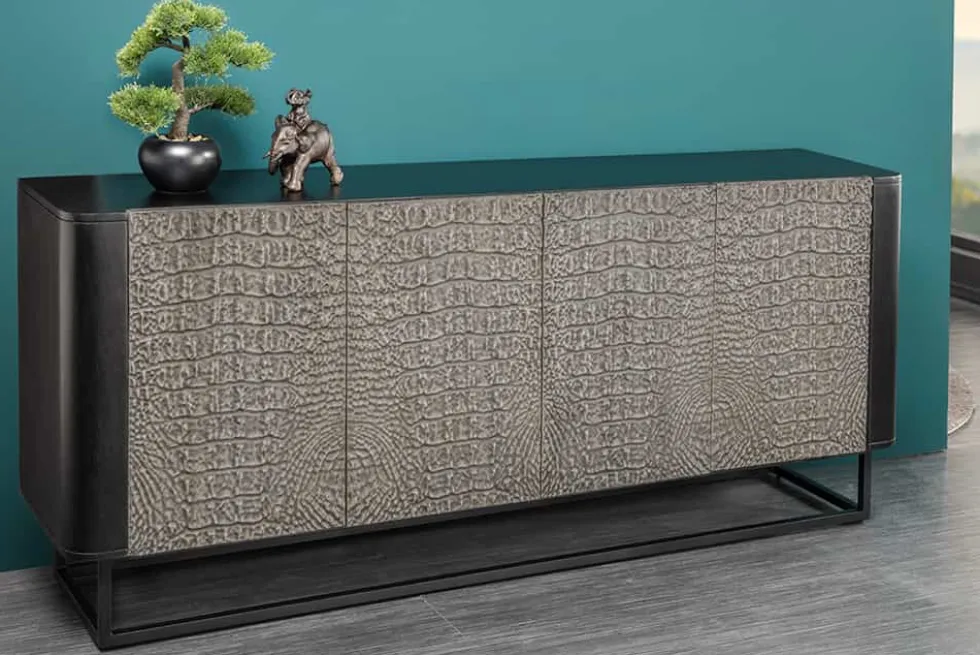 Handgefertigtes Sideboard CROCO 180cm grau schwarz Mangoholz mit 3D Schnitzereien massiv Metall