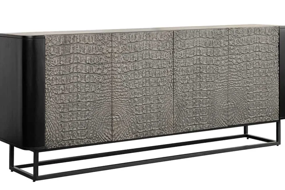 Handgefertigtes Sideboard CROCO 180cm grau schwarz Mangoholz mit 3D Schnitzereien massiv Metall