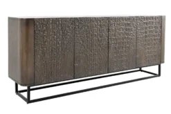Handgefertigtes Sideboard CROCO 180cm gold braun Mangoholz mit 3D Schnitzereien massiv schwarz Metall