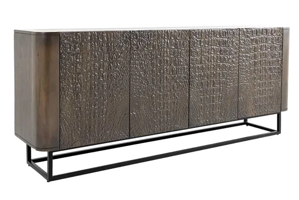 Handgefertigtes Sideboard CROCO 180cm gold braun Mangoholz mit 3D Schnitzereien massiv schwarz Metall