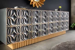 Handgefertigtes Sideboard PIAZZA SAN MARCO 180cm grau gold Mangoholz massiv 3D-Design